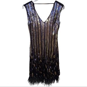 BEBE GOLD/SILVER SEQUIN FEATHER DRESS